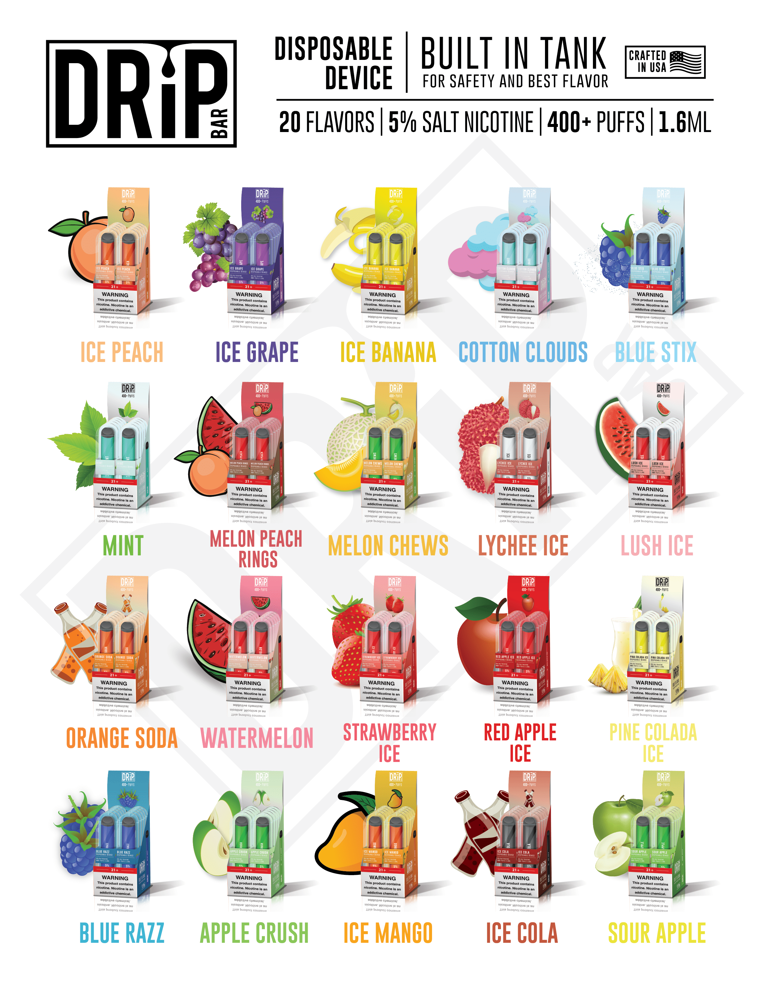 Drip Bar Disposable Device 50mg Salt Nicotine 1.6ML 6.49 EJV Distro