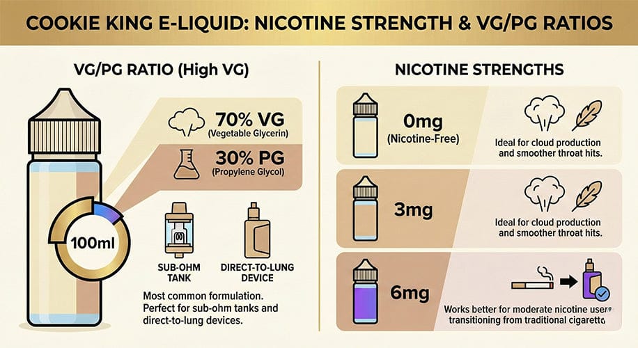Cookie King E-Liquid Nicotine Strength and VG-PG Ratios Infographic
