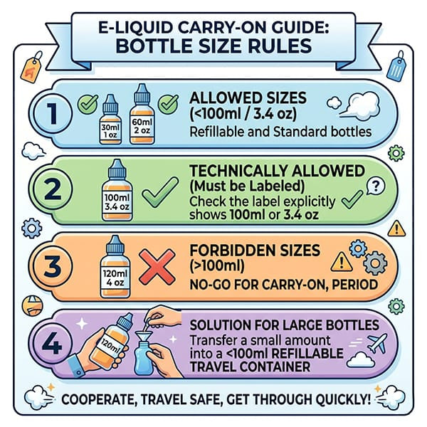 E-Liquid Carry-On Guide - Bottle Size Rules Infographic
